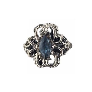 Ornate Gothic Blue Silver Toned Filigree Ring Size 5